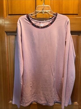 Lands' End Long-Sleeve Top in Pink Blush with Floral-Trim Neckline, Medium Tall
